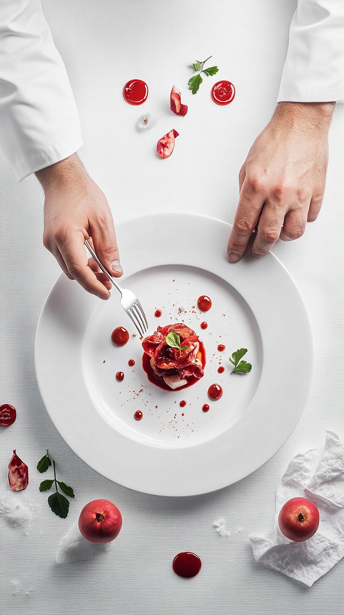 Chef arranging plated dish with bold colors